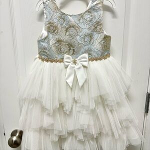 Elegant White and Blue Kids Dress with Bow